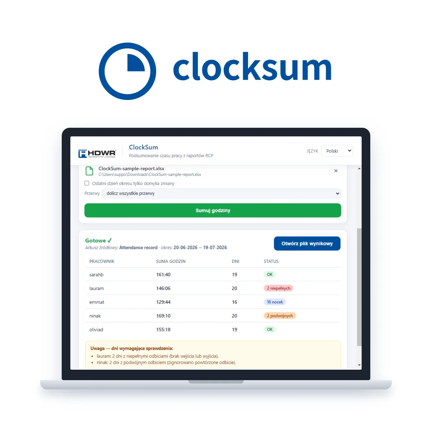 Program ClockSum do sumowania godzin czasu pracy z rejestratorów serii CTR