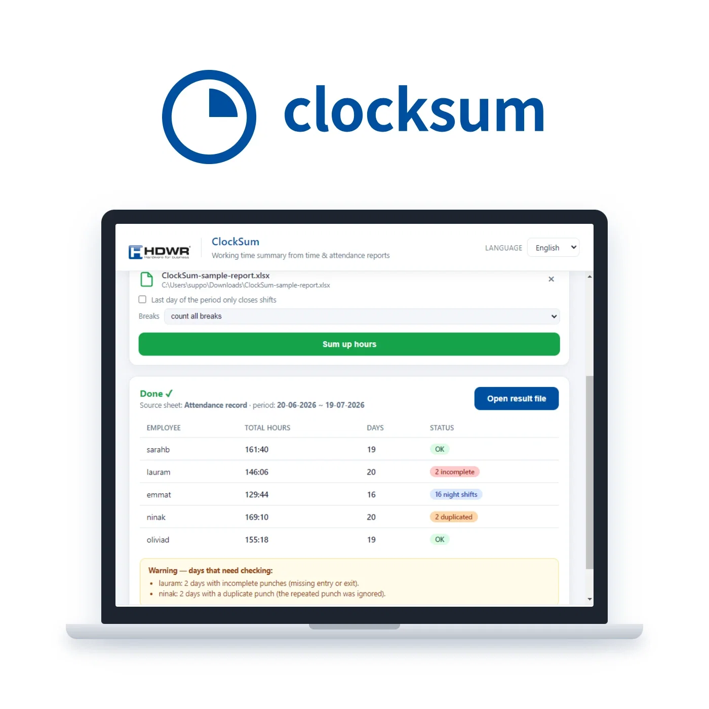 ClockSum software for totaling working hours from CTR series time recorders