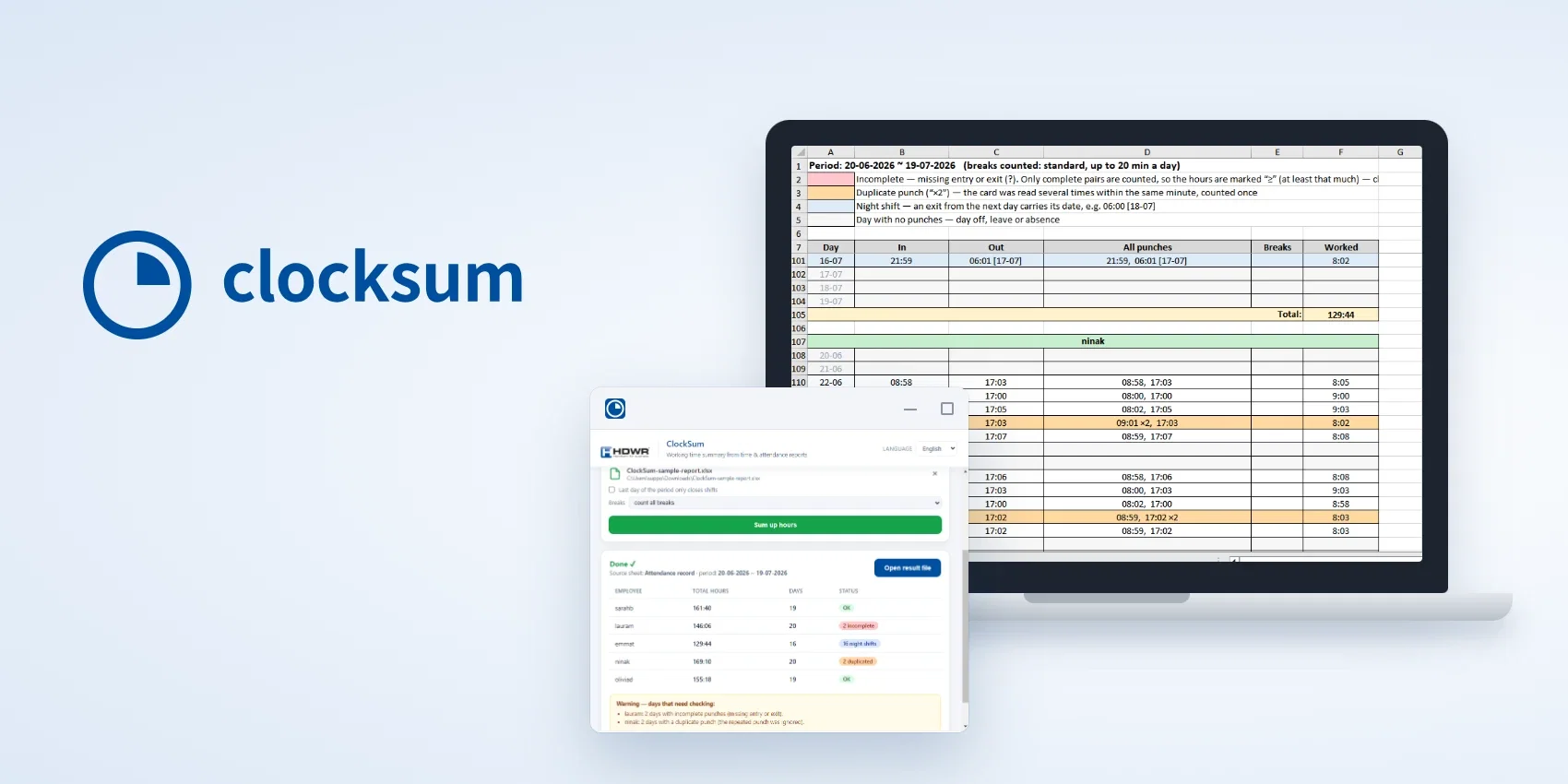 ClockSum – summary of working hours from a time recorder report in Excel