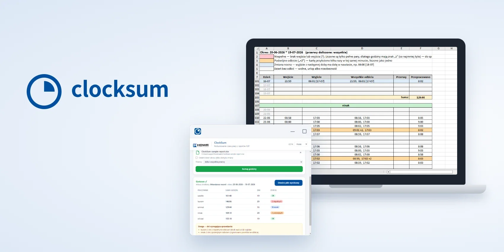 ClockSum – zestawienie godzin pracy z raportu rejestratora czasu pracy w Excelu