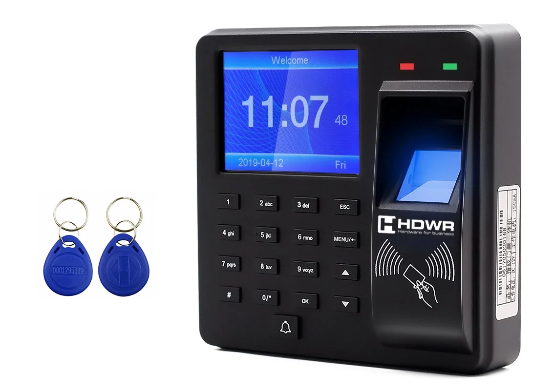 The HDWR CTR10 is a time recorder that uses both RFID cards and key fobs for clocking in and out.
