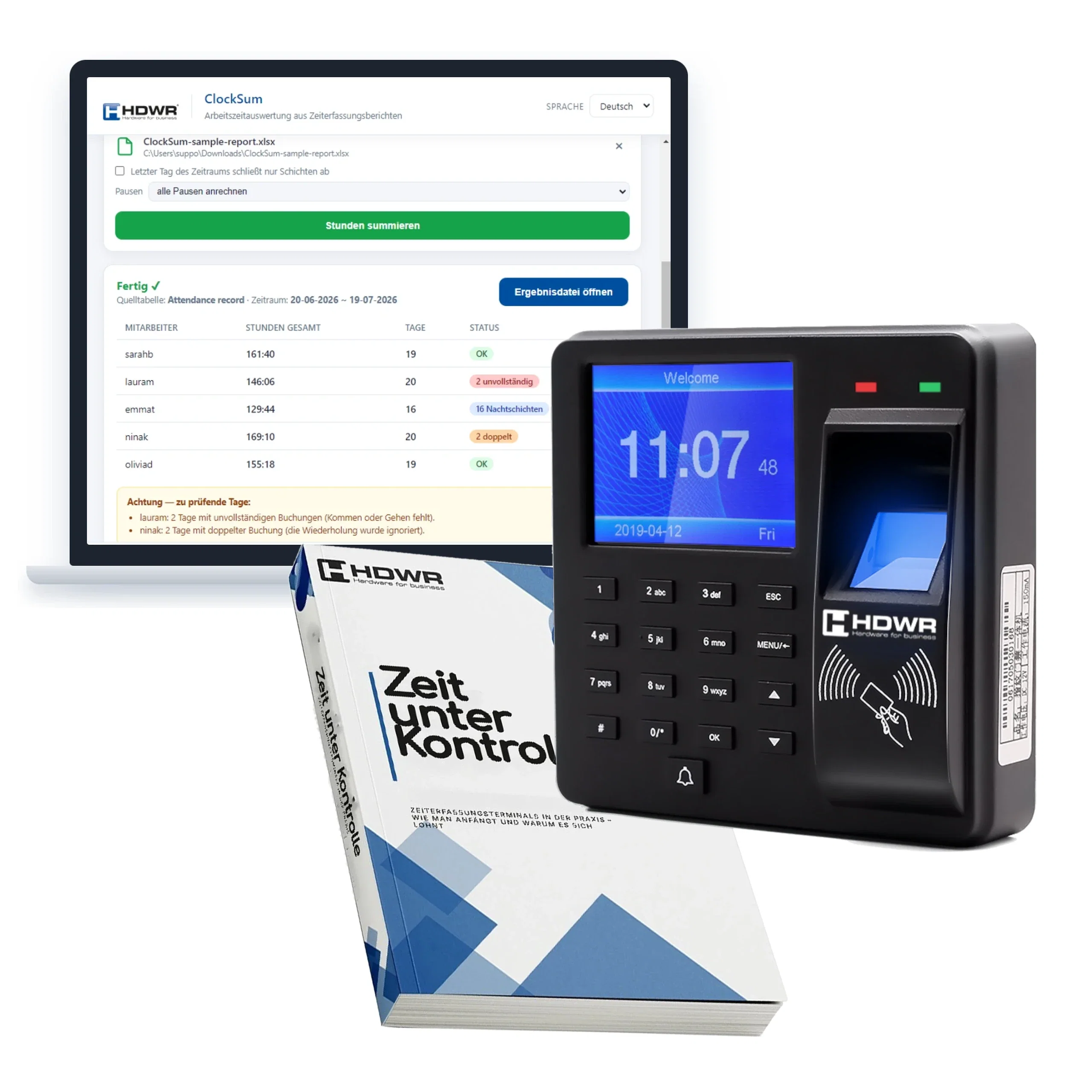 Zeiterfassungsgerät CTR10 von HDWR im Set mit dem E-Book Zeit unter Kontrolle und dem Programm ClockSum