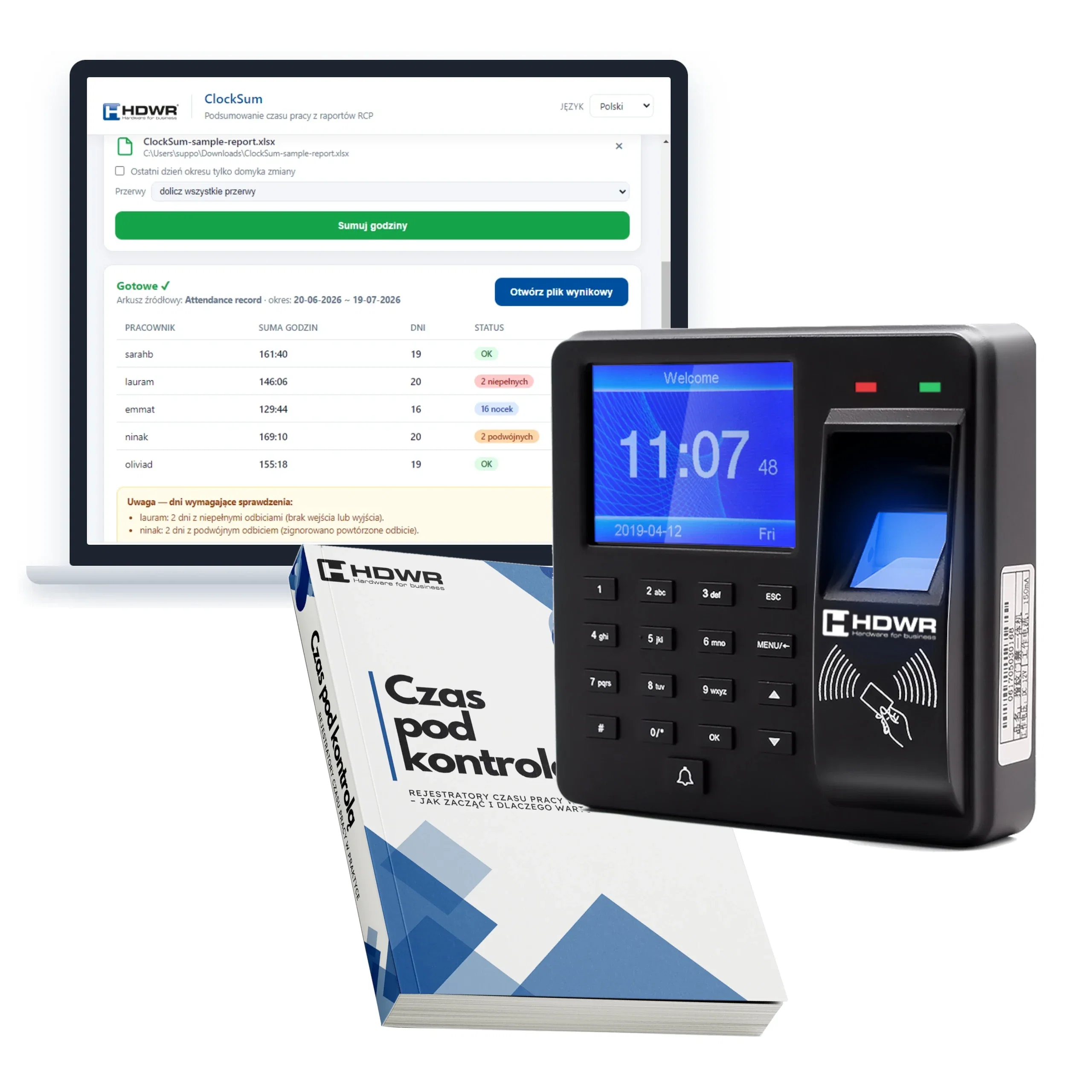 Rejestrator czasu pracy CTR10 od HDWR w zestawie z e-bookiem Czas pod kontrolą i programem ClockSum