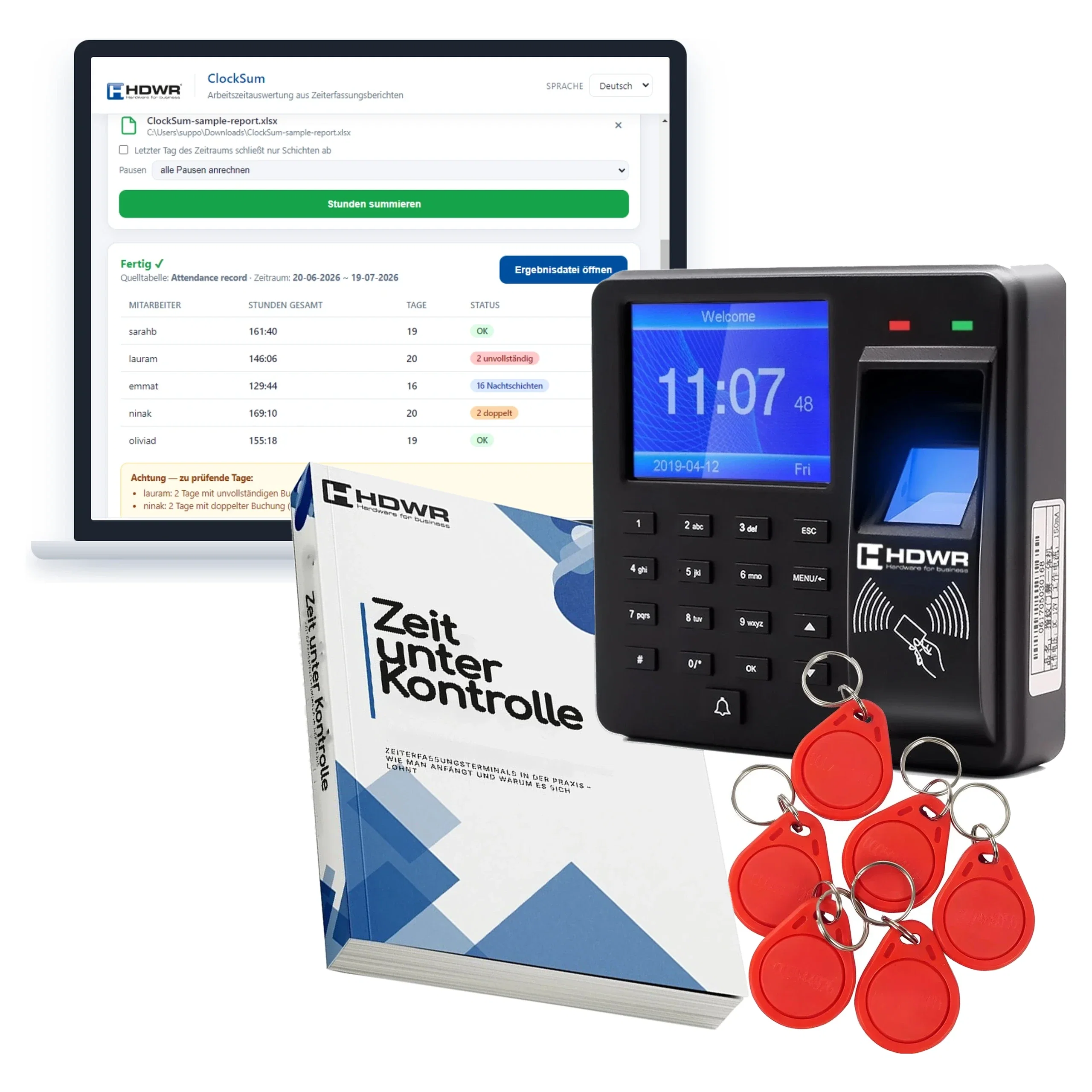 Zeiterfassungsgerät CTR10 von HDWR mit 10 RFID-Schlüsselanhängern 125 kHz HD-RKF07R, E-Book Zeit unter Kontrolle und Programm ClockSum