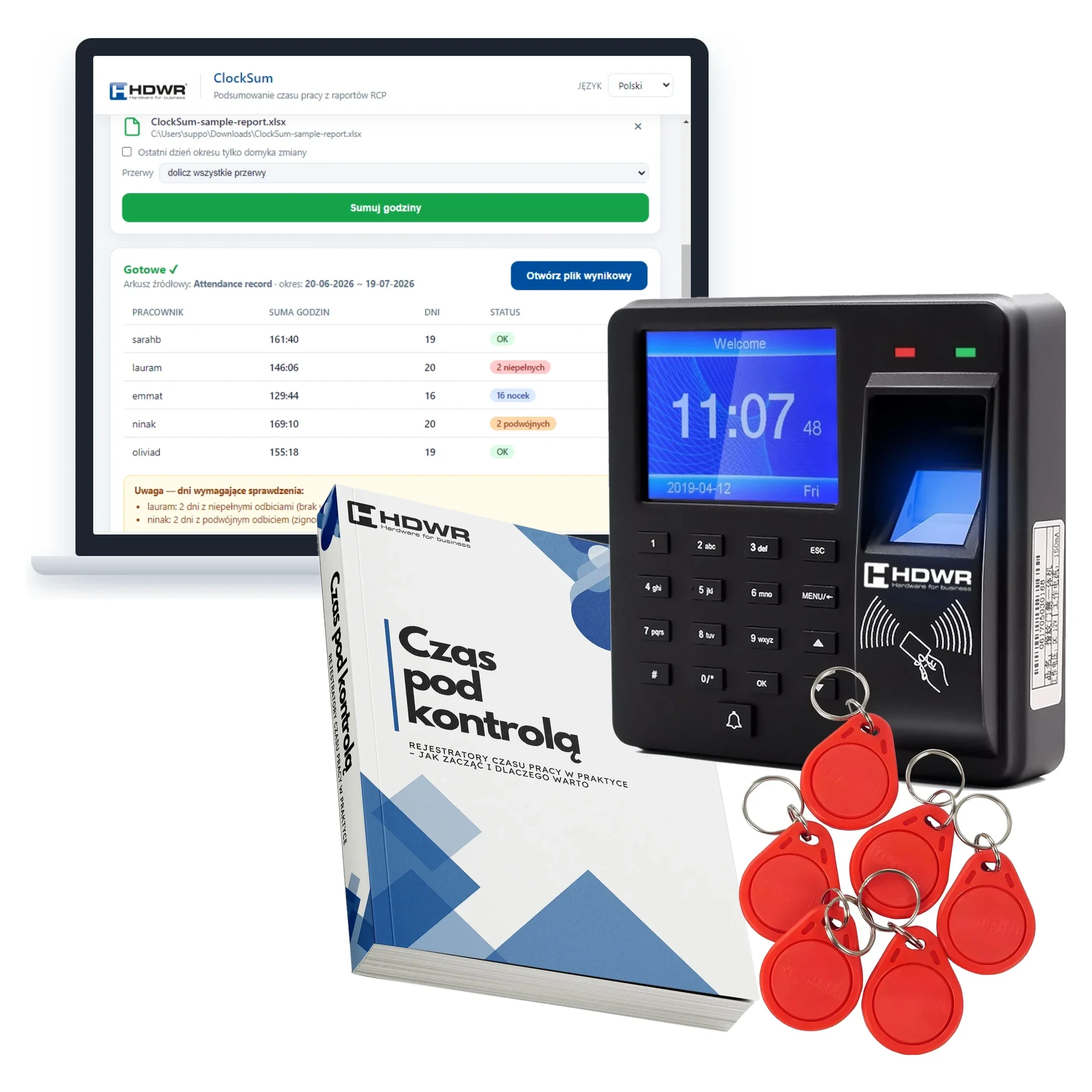 Rejestrator czasu pracy CTR10 od HDWR z 10 brelokami RFID 125 kHz HD-RKF07R, e-bookiem Czas pod kontrolą i programem ClockSum