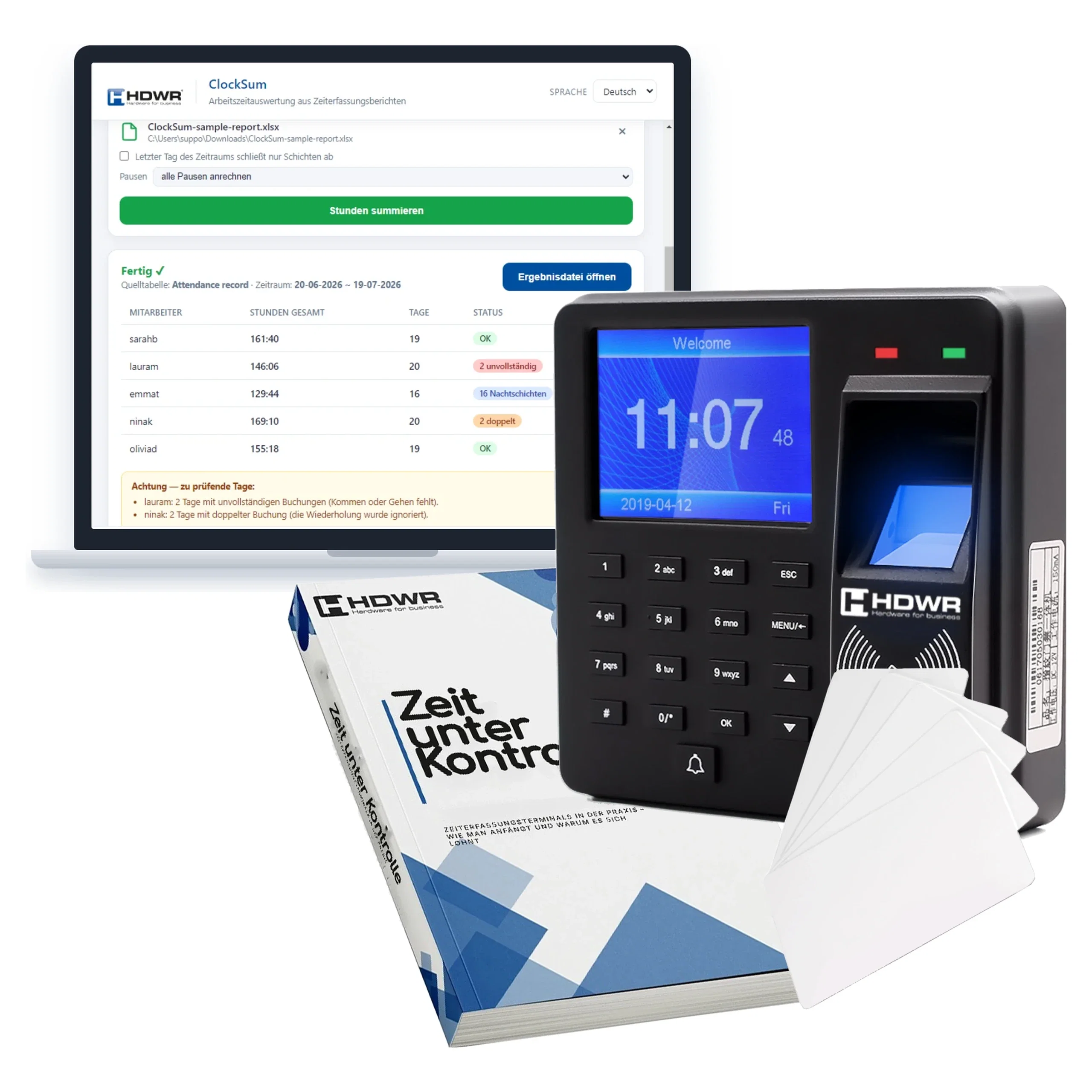 Zeiterfassungsgerät CTR10 von HDWR mit 15 RFID-Karten 125 kHz HD-RWC01, E-Book Zeit unter Kontrolle und Programm ClockSum