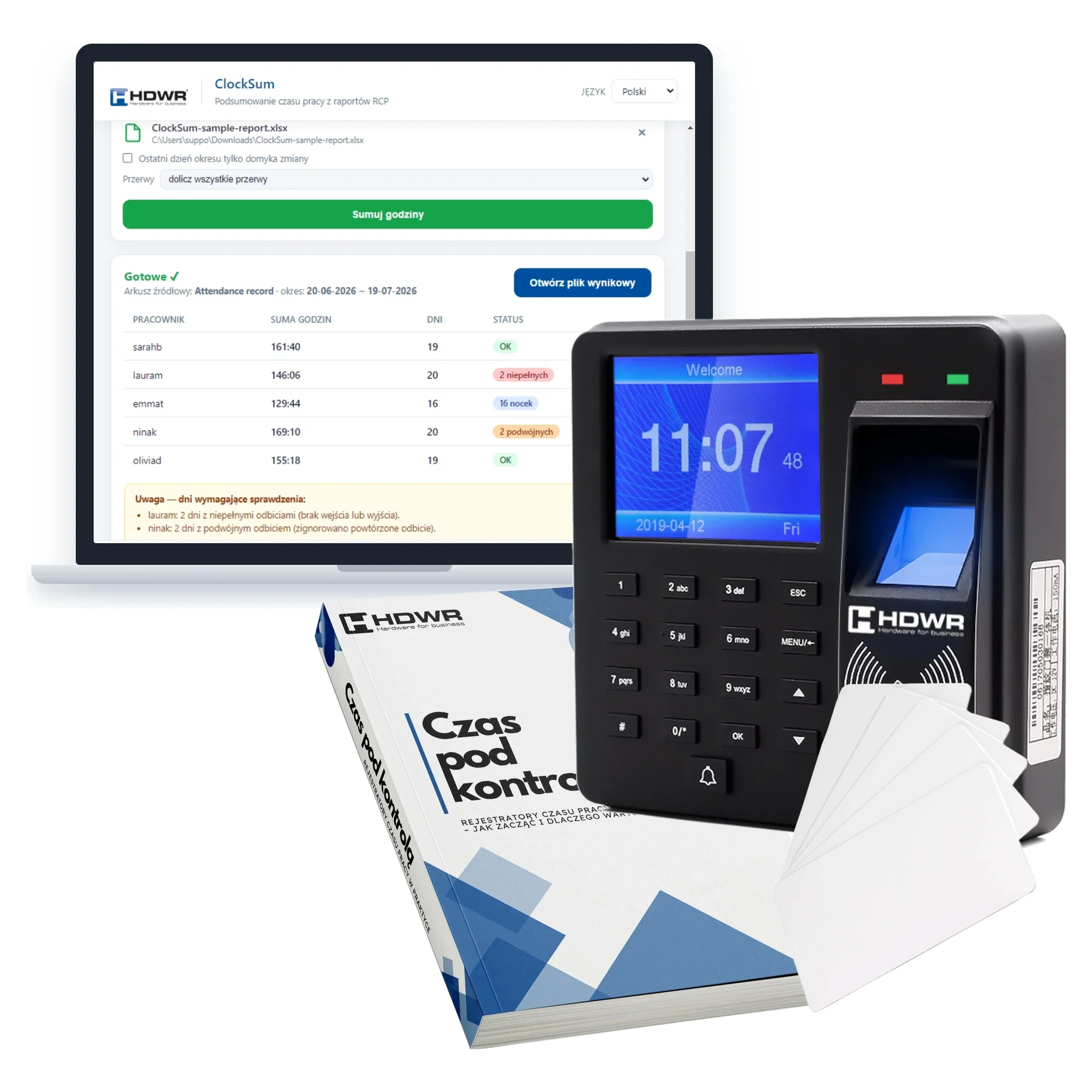 Rejestrator czasu pracy CTR10 od HDWR z 15 kartami RFID 125 kHz HD-RWC01, e-bookiem Czas pod kontrolą i programem ClockSum