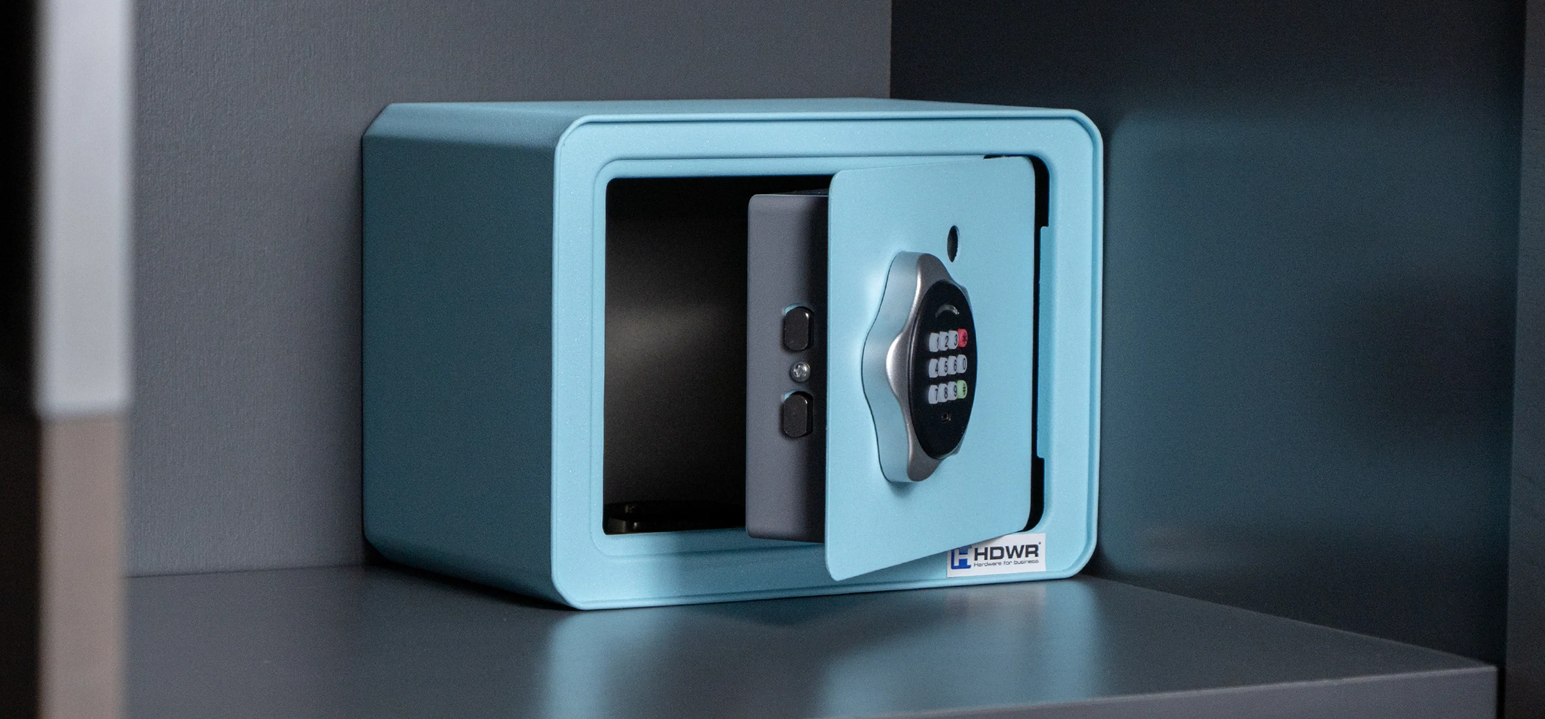 Sejf na zamek kodowy i mechaniczny do pieniądzy, biżuterii w błekitnym kolorze SecureBox-15