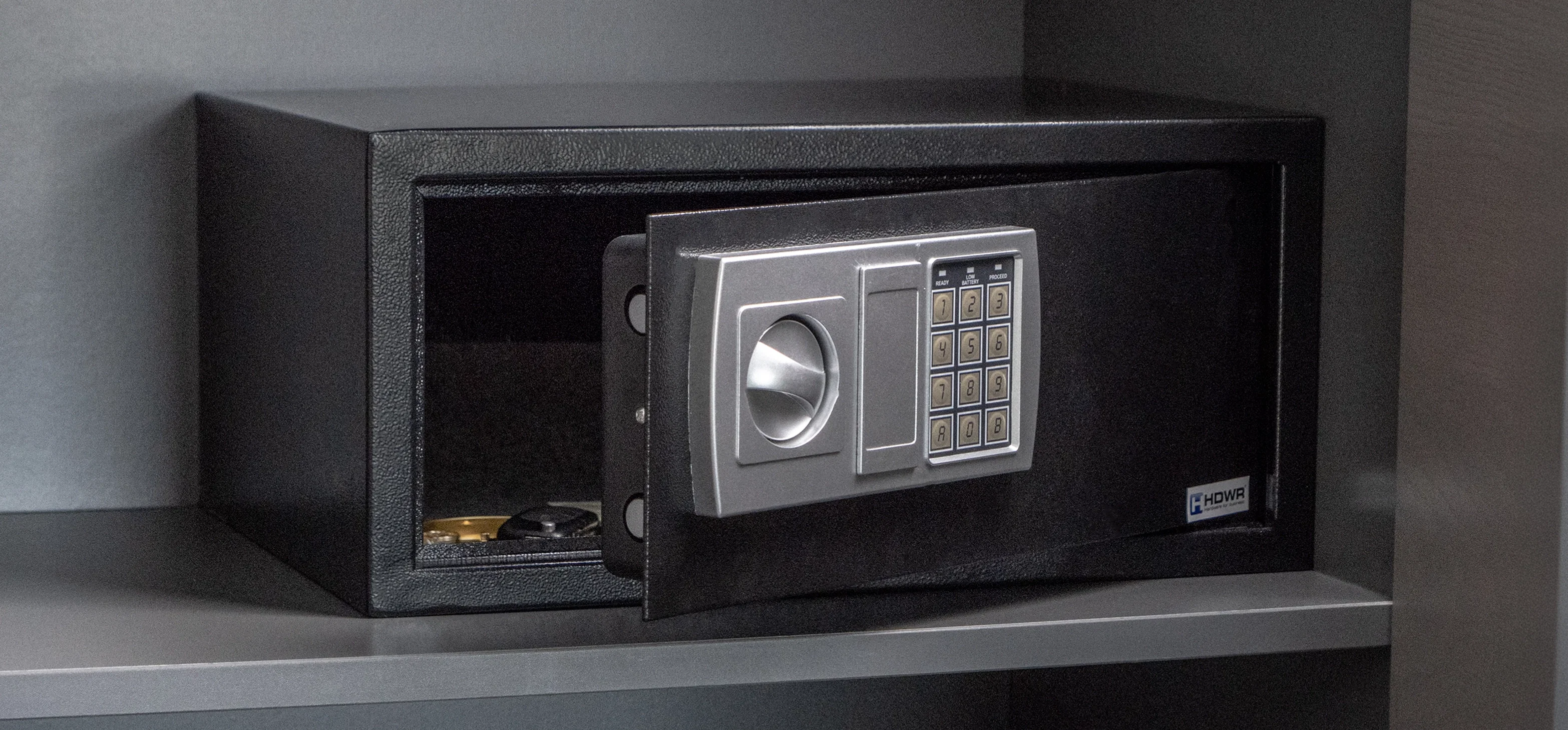 Duży sejf na pieniądze i dokumenty, czarny metalowy, na klucze i kod PIN – SecureBox-40