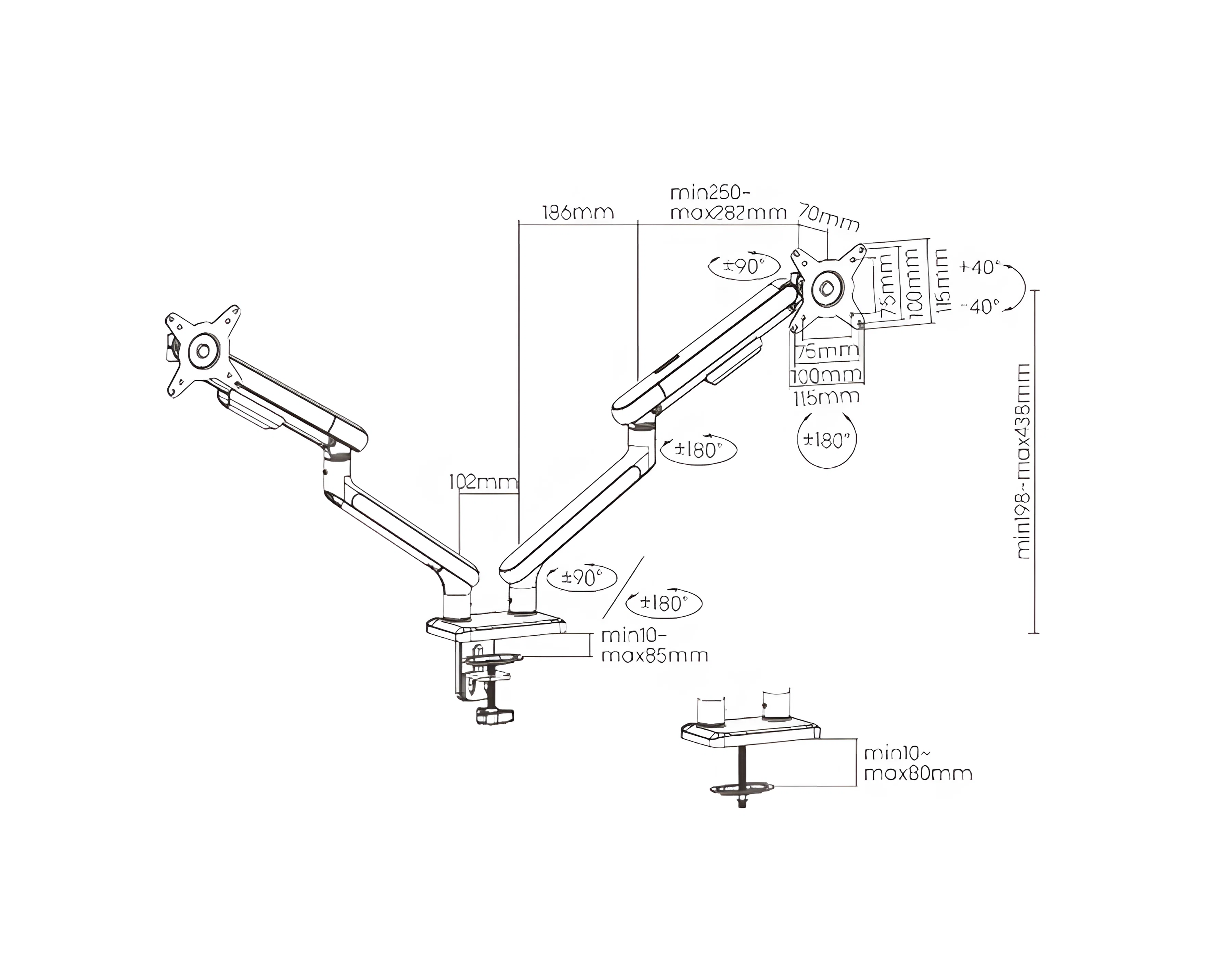 SolidHand-FS02 monitoriaus laikiklio reguliavimo diapazonas, mechaninė spyruoklė