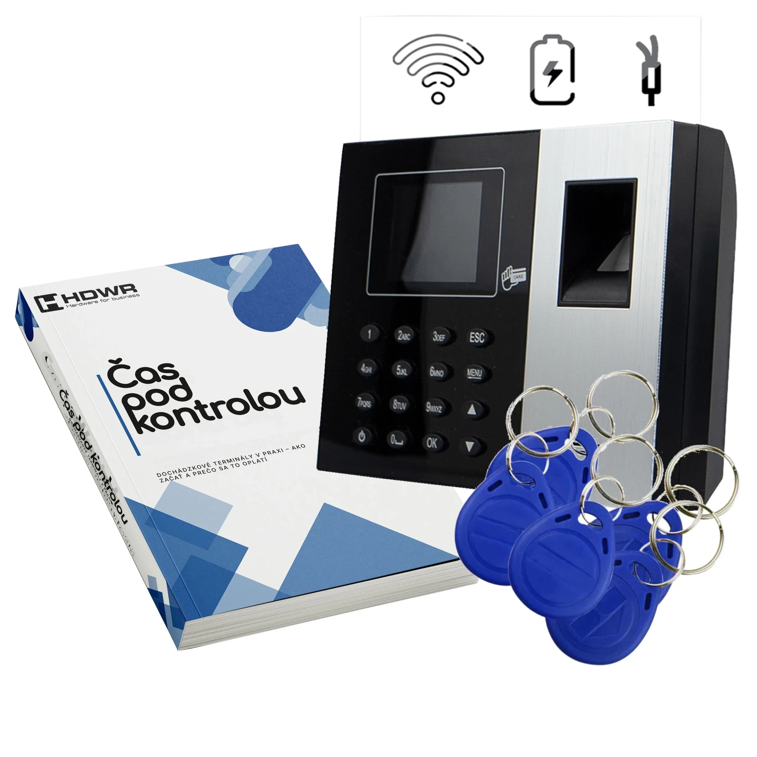 Dochádzkový terminál TimeLok-300 s 15 RFID kľúčenkami a e-knihou „Čas pod kontrolou“