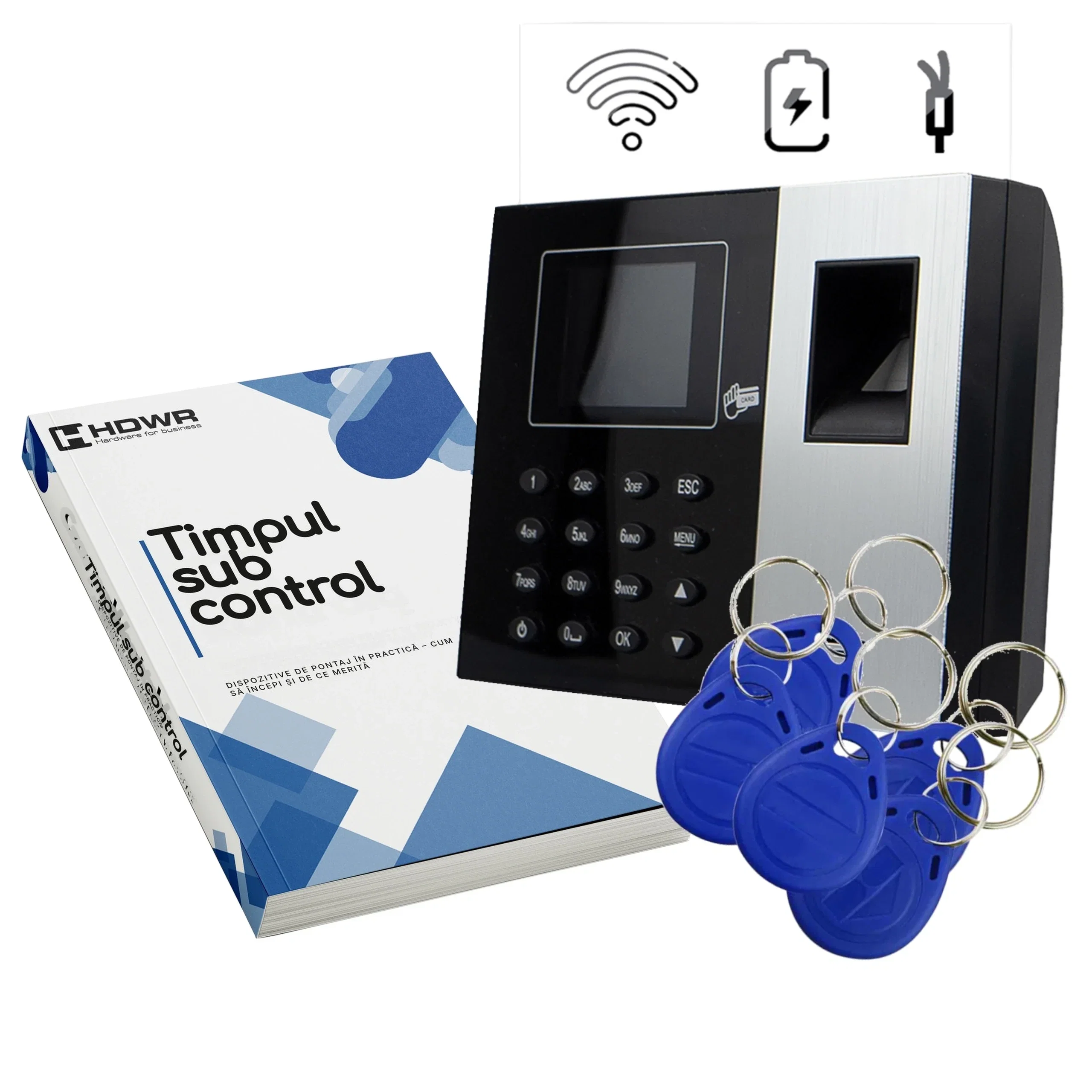 Dispozitiv de pontaj TimeLok-300 cu 10 brelocuri RFID și e-book-ul „Timpul sub control”