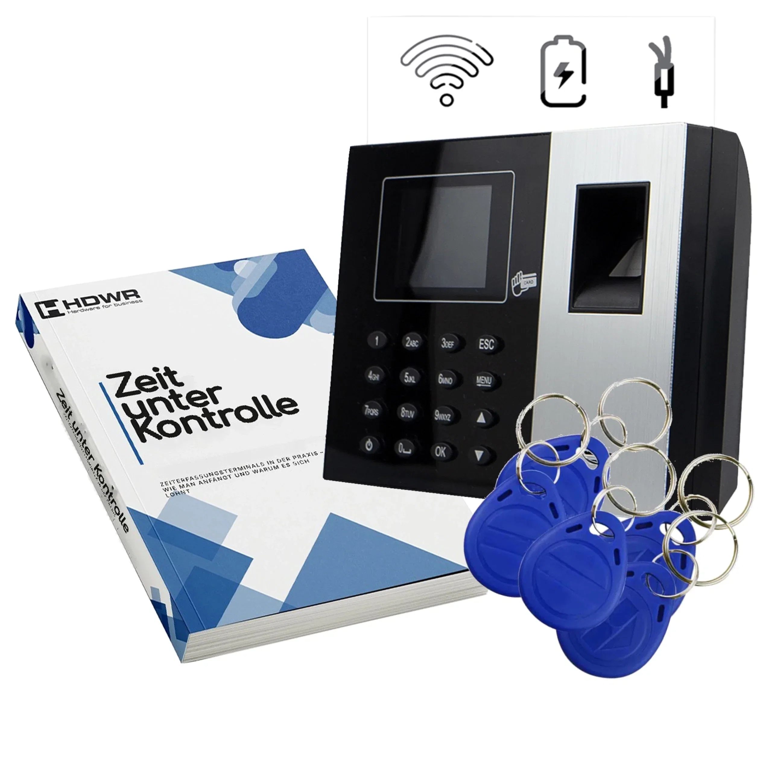 Zeiterfassungsgerät TimeLok-300 mit 10 RFID-Schlüsselanhängern und dem E-Book „Zeit unter Kontrolle“