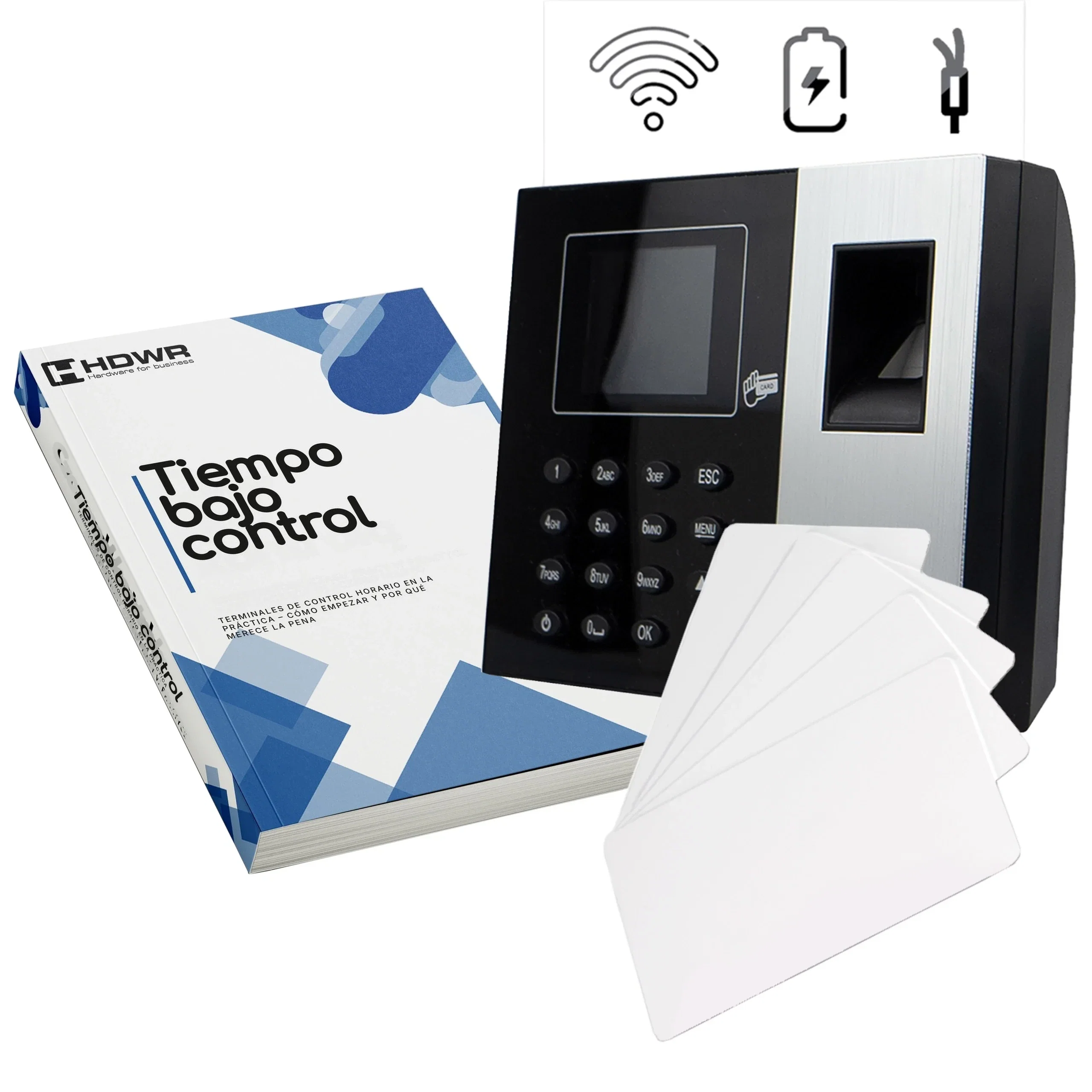 Registrador de jornada TimeLok-300 con 15 tarjetas RFID y el e-book «Tiempo bajo control»