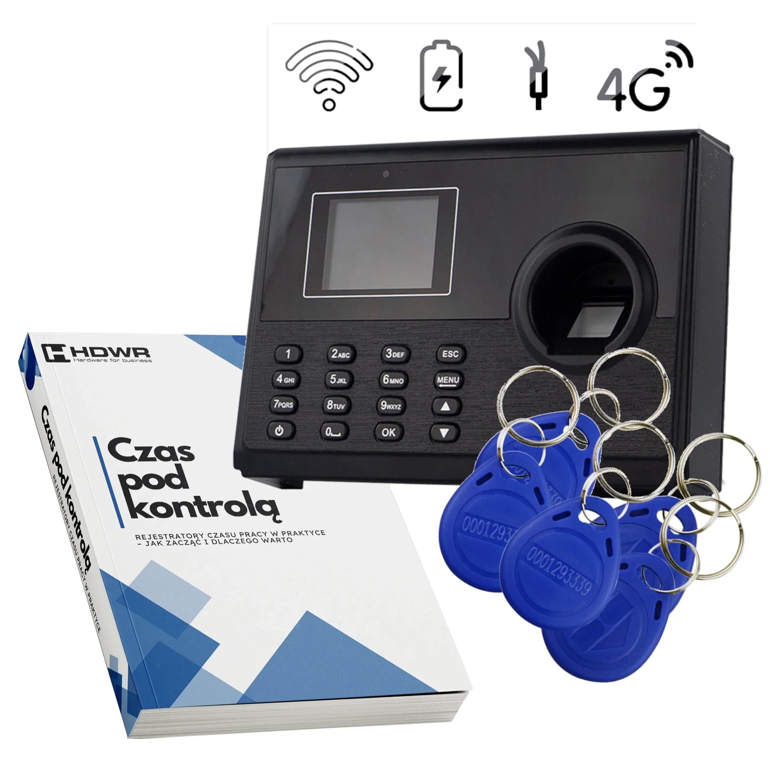 Rejestrator czasu pracy TimeLok-400 z 15 brelokami RFID i e-bookiem „Czas pod kontrolą”