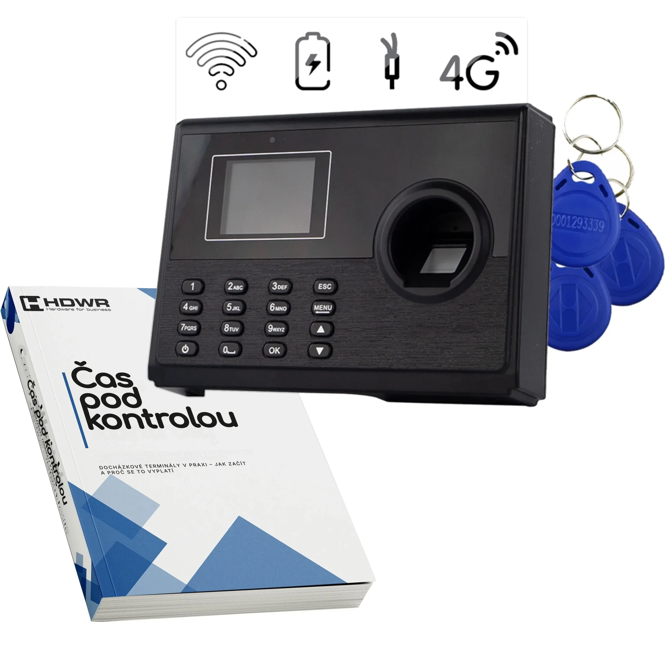 Docházkový terminál TimeLok-400 s 10 RFID klíčenkami a e-knihou „Čas pod kontrolou“