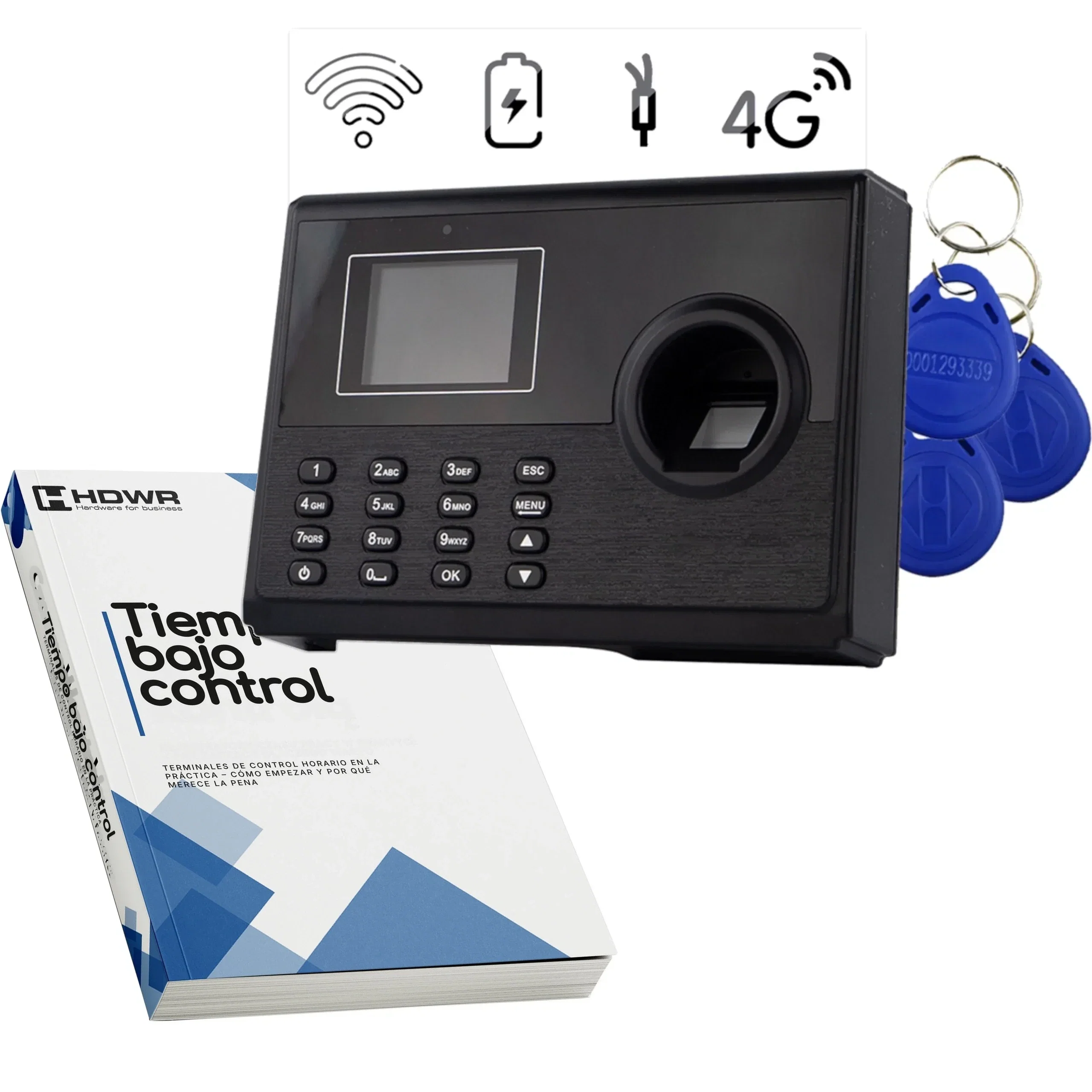 Registrador de jornada TimeLok-400 con 10 llaveros RFID y el e-book «Tiempo bajo control»