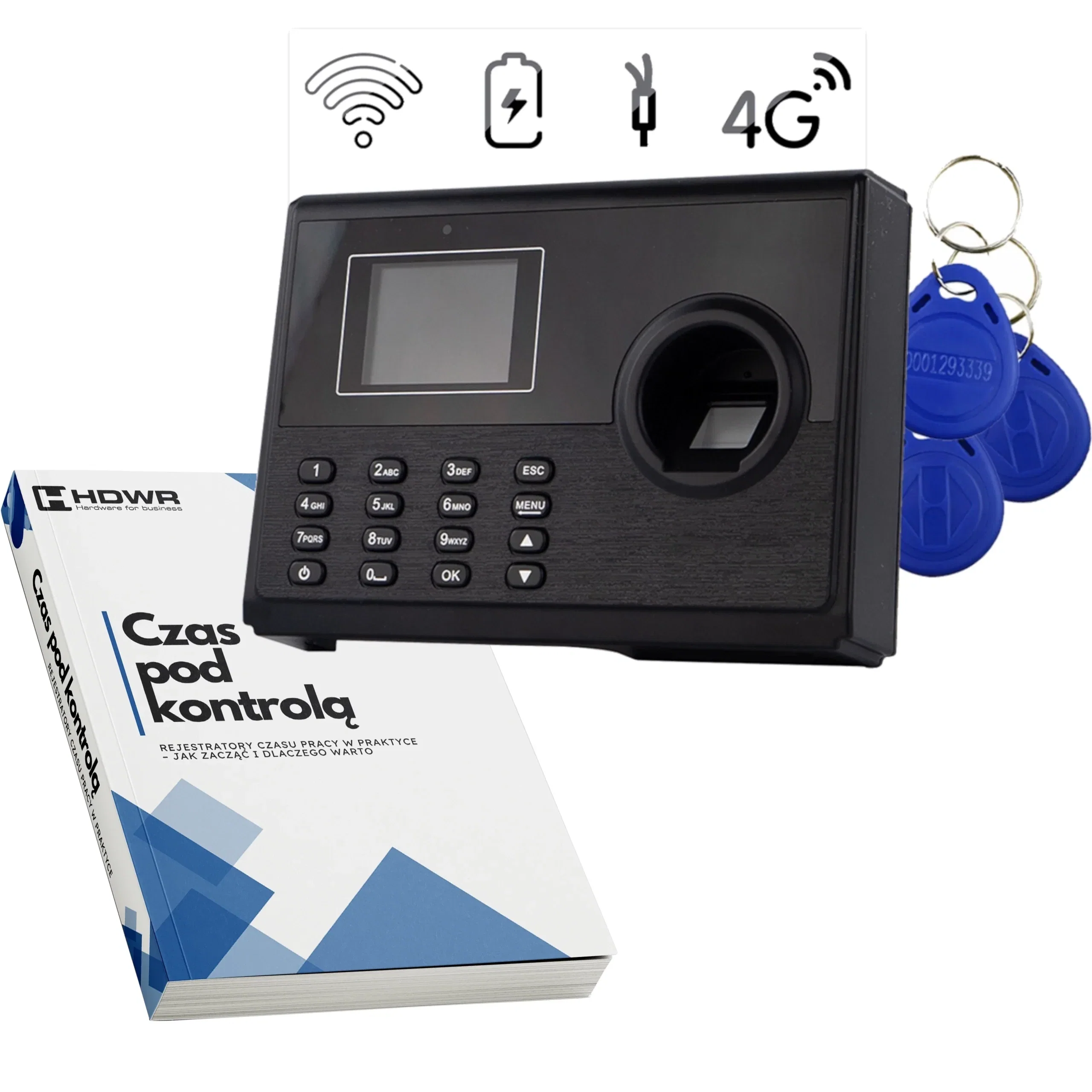 Rejestrator czasu pracy TimeLok-400 z 10 brelokami RFID i e-bookiem „Czas pod kontrolą”