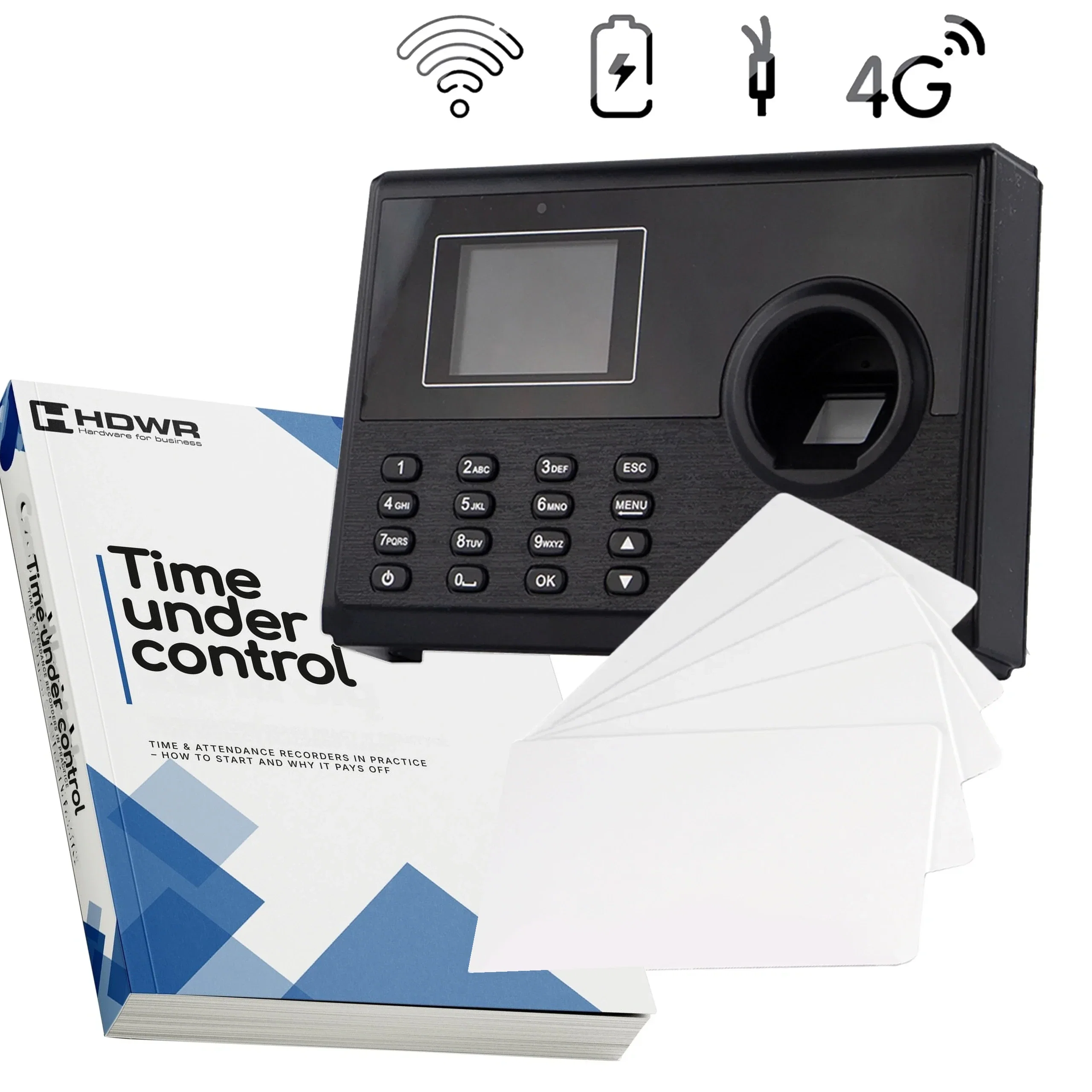Tijdregistratieterminal TimeLok-400 met 10 RFID-kaarten en het e-book „Time under control” (Engelstalig)