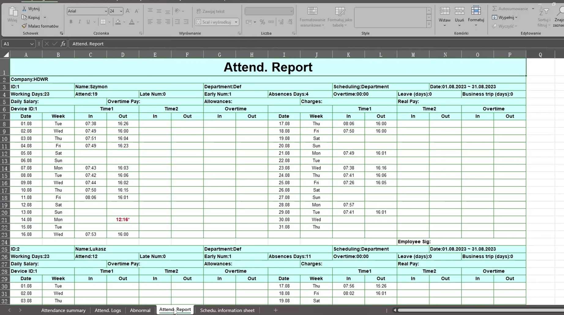 Berichtstab Attendance Report