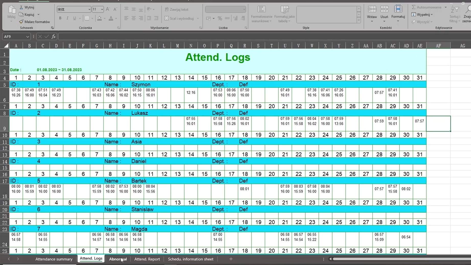 Berichtstab Attendance Logs