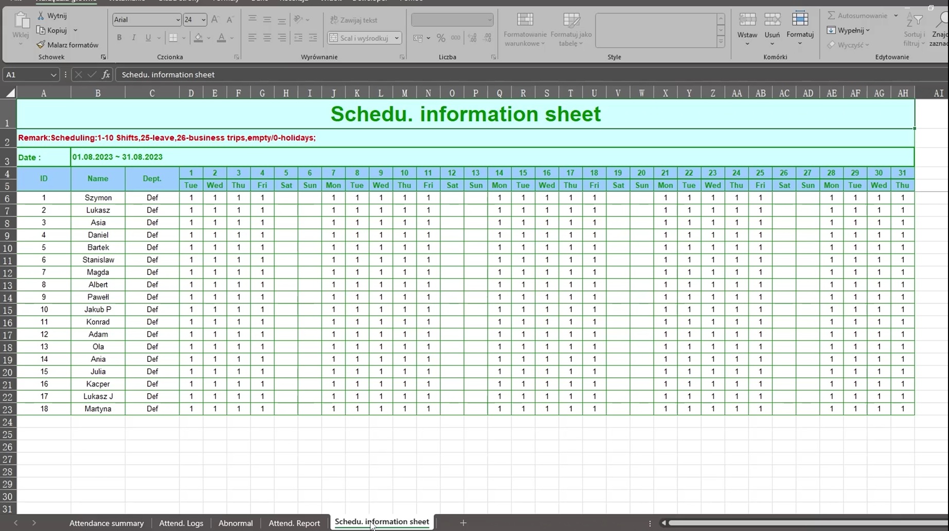 Berichtstab Schedule Information Sheet