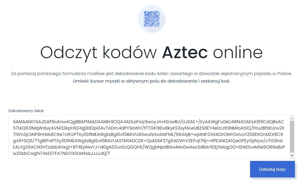 Darmowy dekoder kodu Aztec firmy Weaver Software.