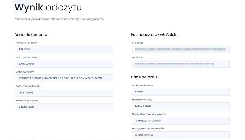 Informacje zawarte w kodzie Aztec z dowodu rejestracyjnego pojazdu.