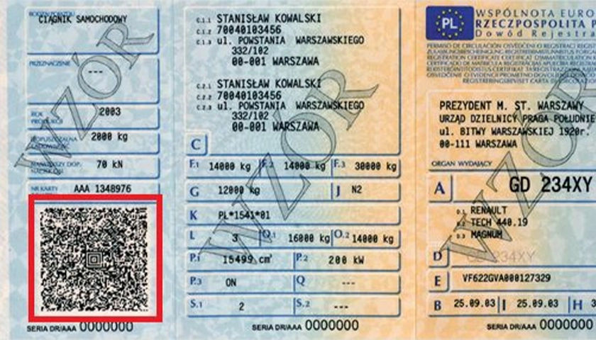 Wzór dowodu rejestracyjnego pojazdu z kodem Aztec.