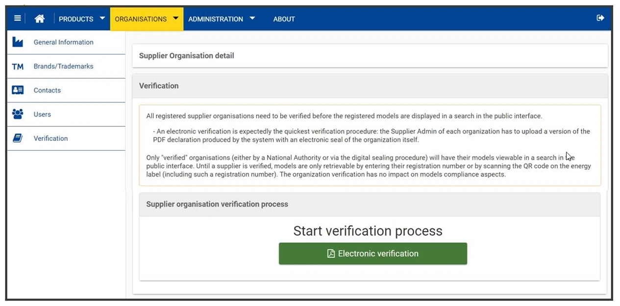 Strona weryfikacji organizacji dodanej do systemu EPREL.