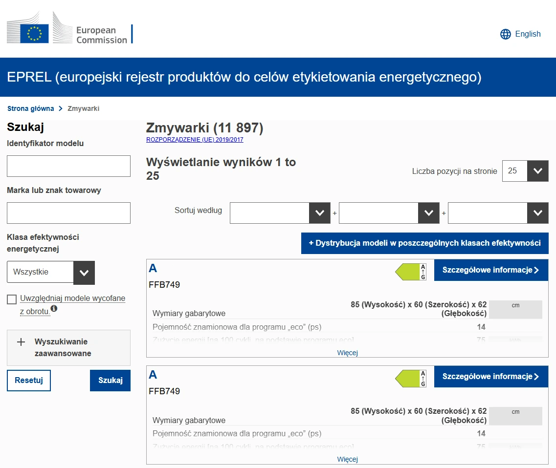 Lista produktów w kategorii zmywarek z wyświetloną klasą energetyczną.