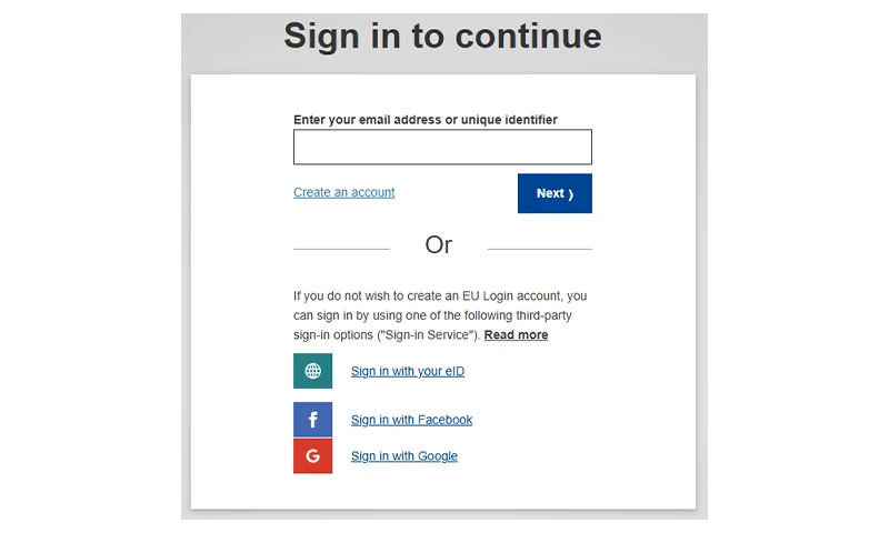 Strona logowania przez system EU Login pozwalający na zalogowanie się do platformy EPREL.