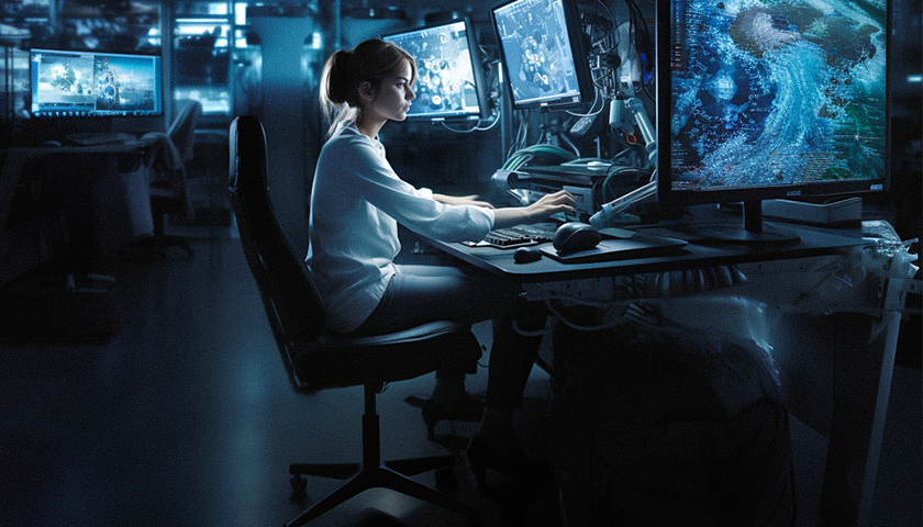 Kobieta siedząca przy biurku - ergonomiczne stanowisko pracy