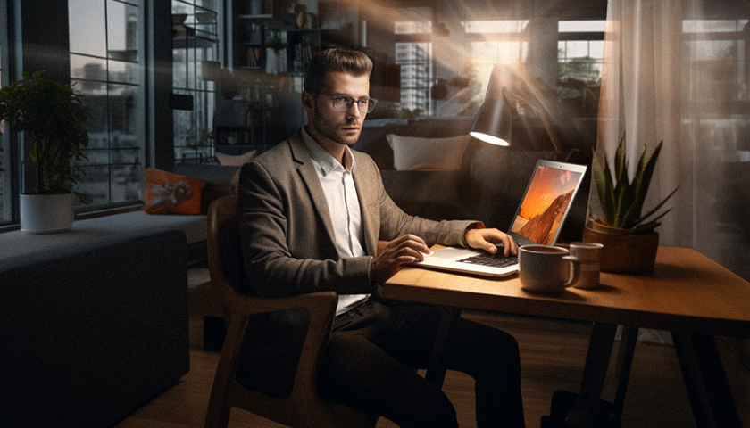 Mężczyzna siedzący przy biurku - oświetlenie miejsca pracy