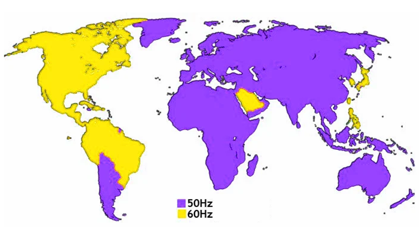 mapa przedstawiająca kraje z częstotliwością 50 i 60 Hz