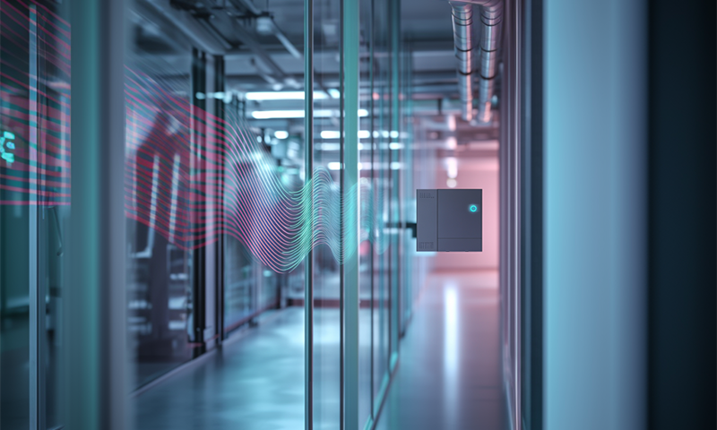 Ein RFID-Lesegerät, das Funkwellen zur Datenübertragung verwendet, dargestellt in einem modernen Industrieumfeld mit digitalisierten Prozessen.